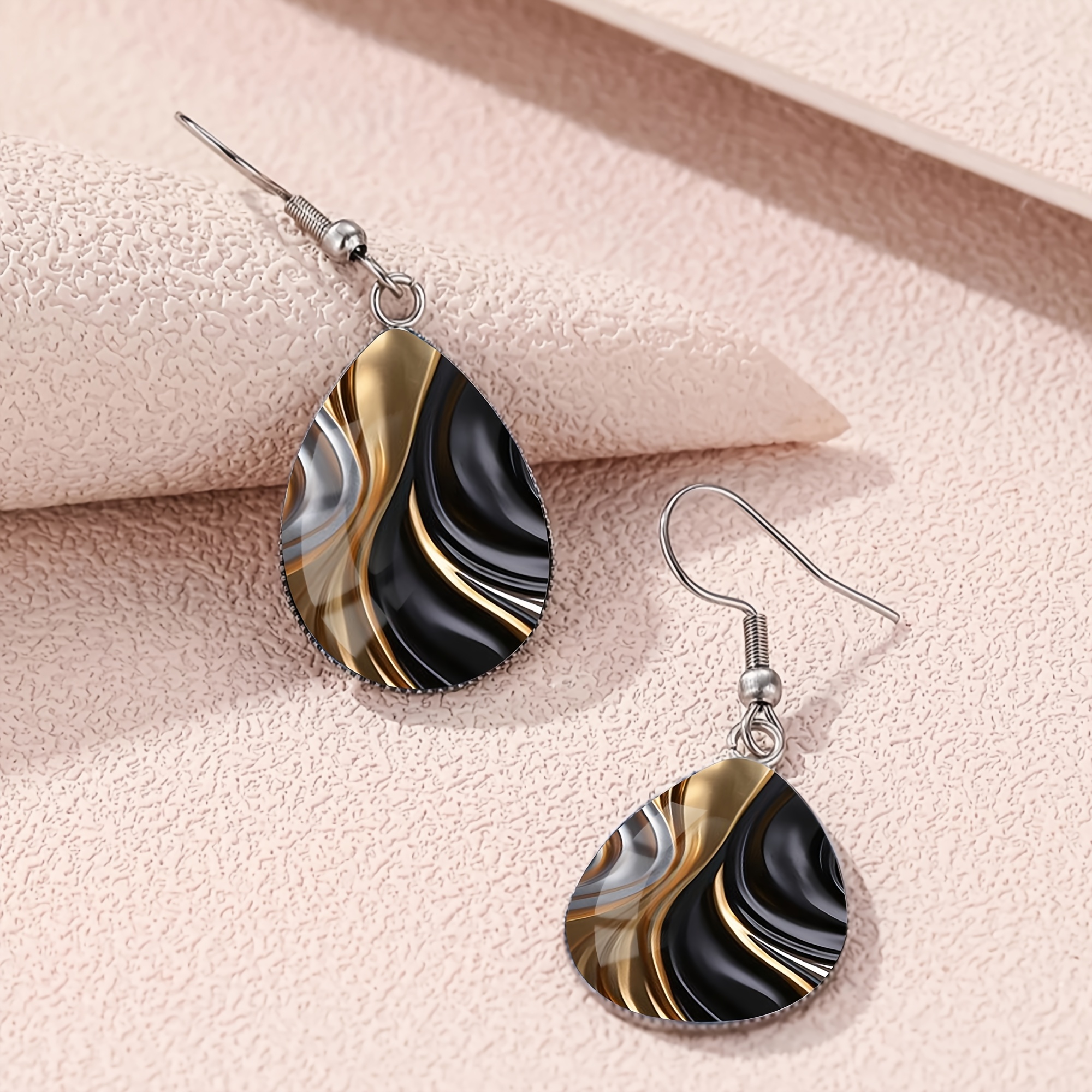 Unisex Black Golden Fluid Pattern Teardrop Earrings
